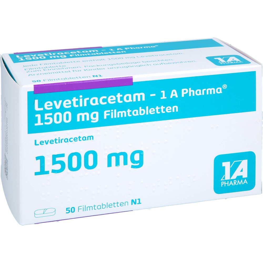 Das Produktfoto zeigt Levetiracetam-1a Pharma 1500 Mg Filmtabletten (50 stk) PZN 16396336