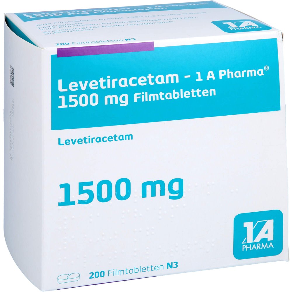 Das Produktfoto zeigt Levetiracetam-1a Pharma 1500 Mg Filmtabletten (200 stk) PZN 16396359
