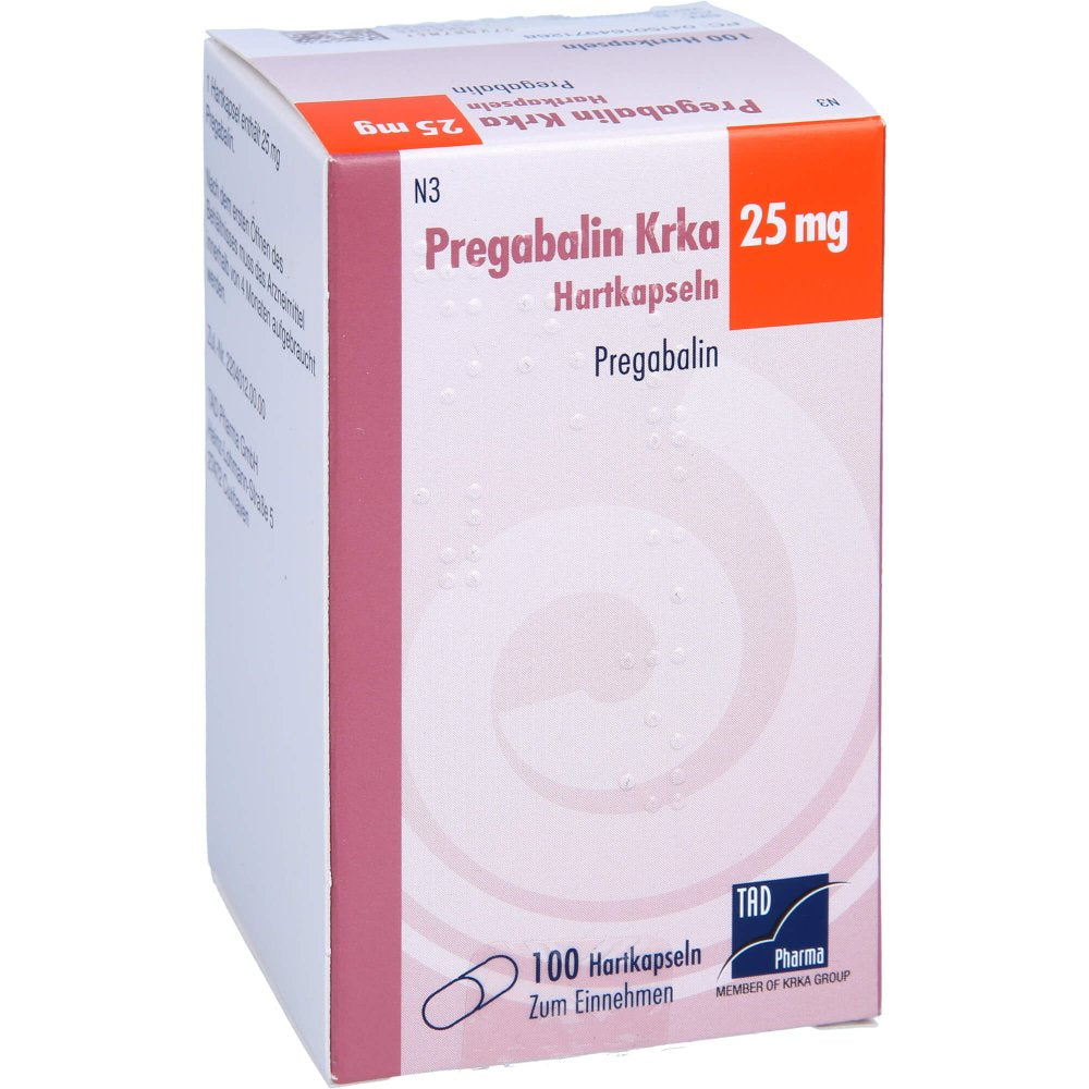 Das Produktfoto zeigt Pregabalin Krka 25 Mg Hartkapseln Dose (100 stk) PZN 16497126