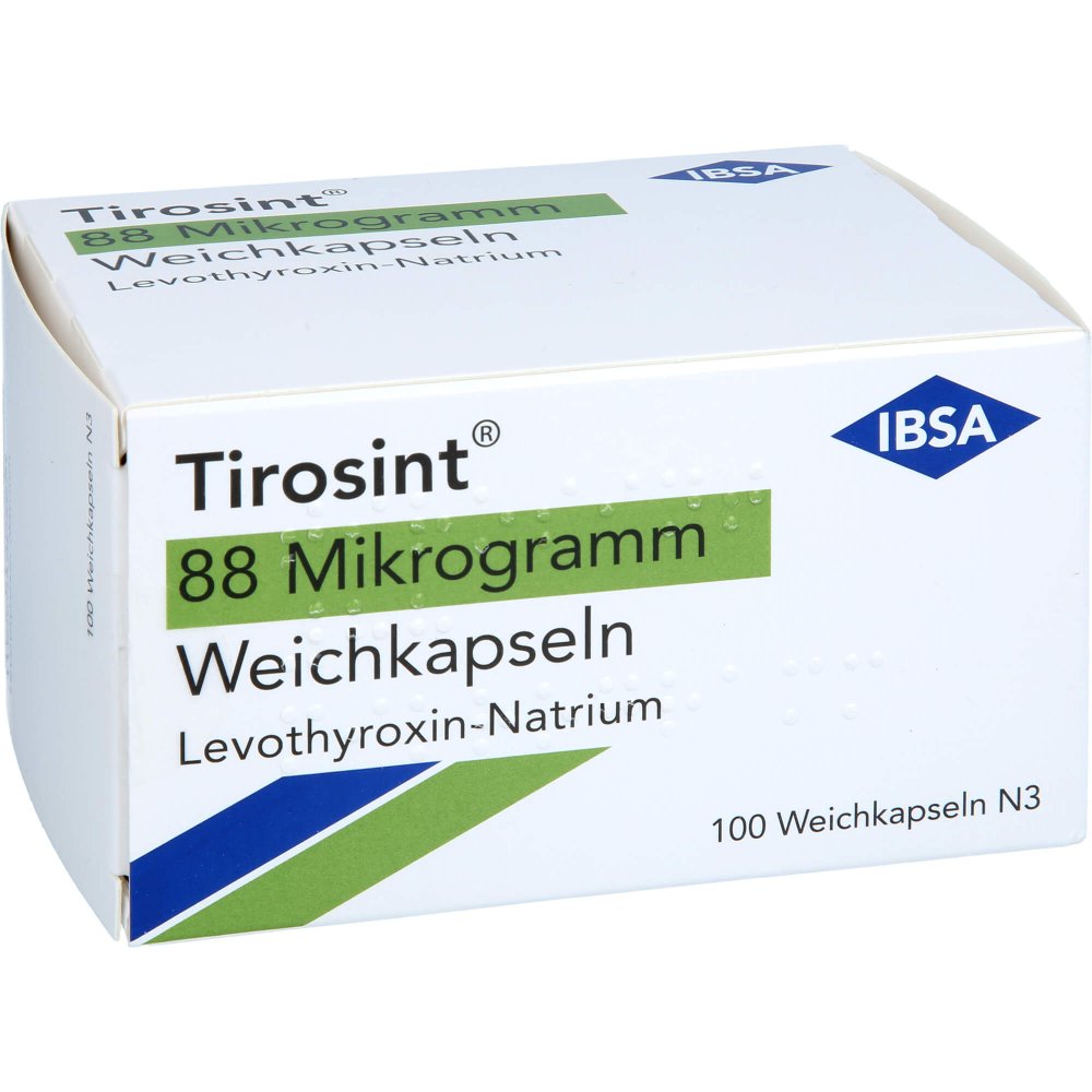 Das Produktfoto zeigt Tirosint 88 Mikrogramm Weichkapseln (100 stk) PZN 16499421