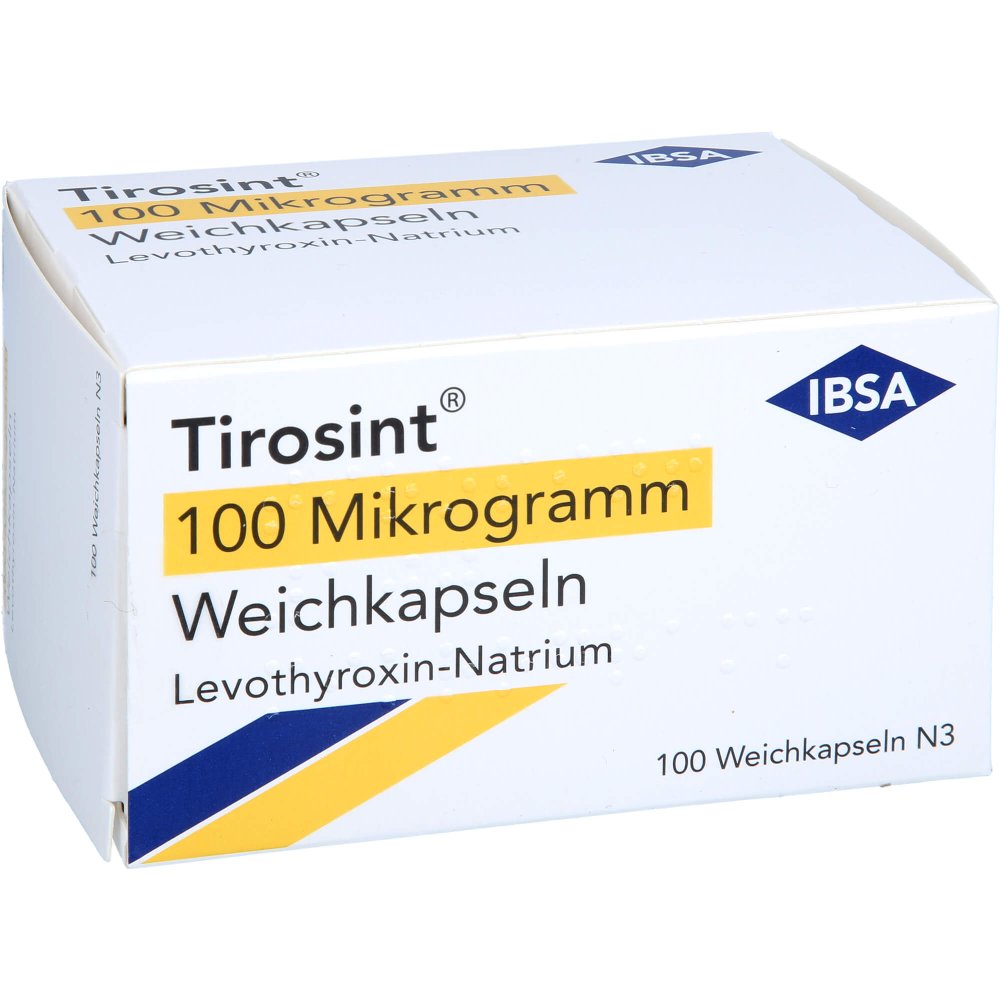 Das Produktfoto zeigt Tirosint 100 Mikrogramm Weichkapseln (100 stk) PZN 16499438