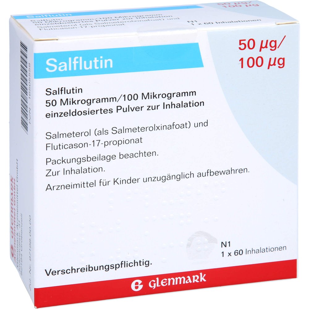 Das Produktfoto zeigt Salflutin 50 Μg/100 Μg/Dosis 60 Einzeldos.Inh.-P. (1 stk) PZN 16505558