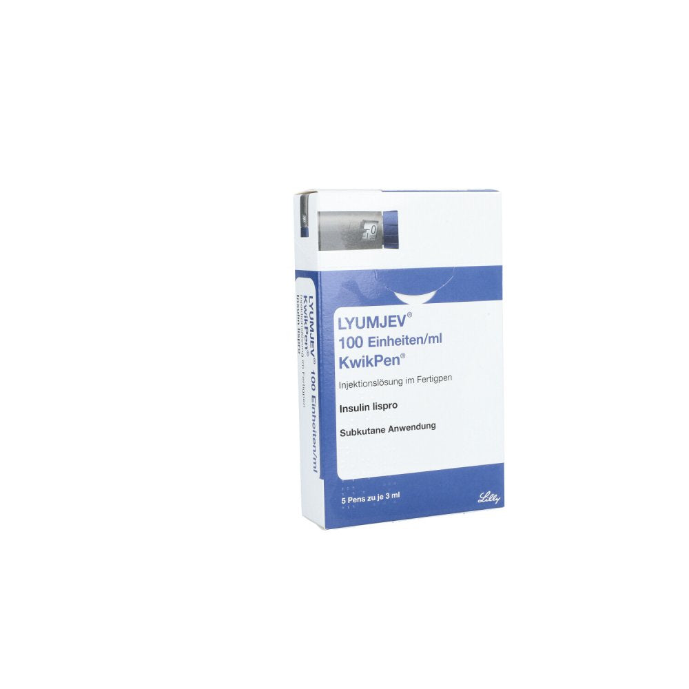Das Produktfoto zeigt Lyumjev 100 E/Ml Kwikpen Inj.-Lsg.Im Fertigpen (5X3 ml) PZN 16508321