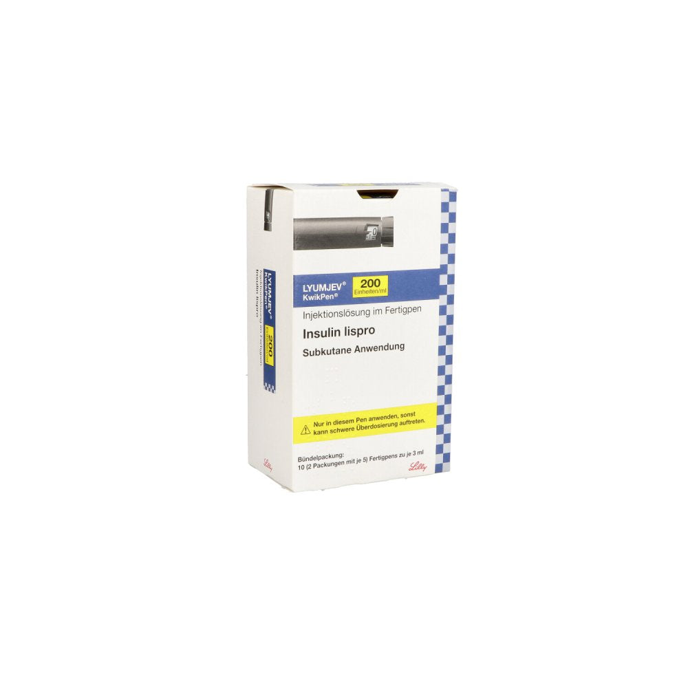 Das Produktfoto zeigt Lyumjev 200 E/Ml Kwikpen Inj.-Lsg.Im Fertigpen (10X3 ml) PZN 16508404