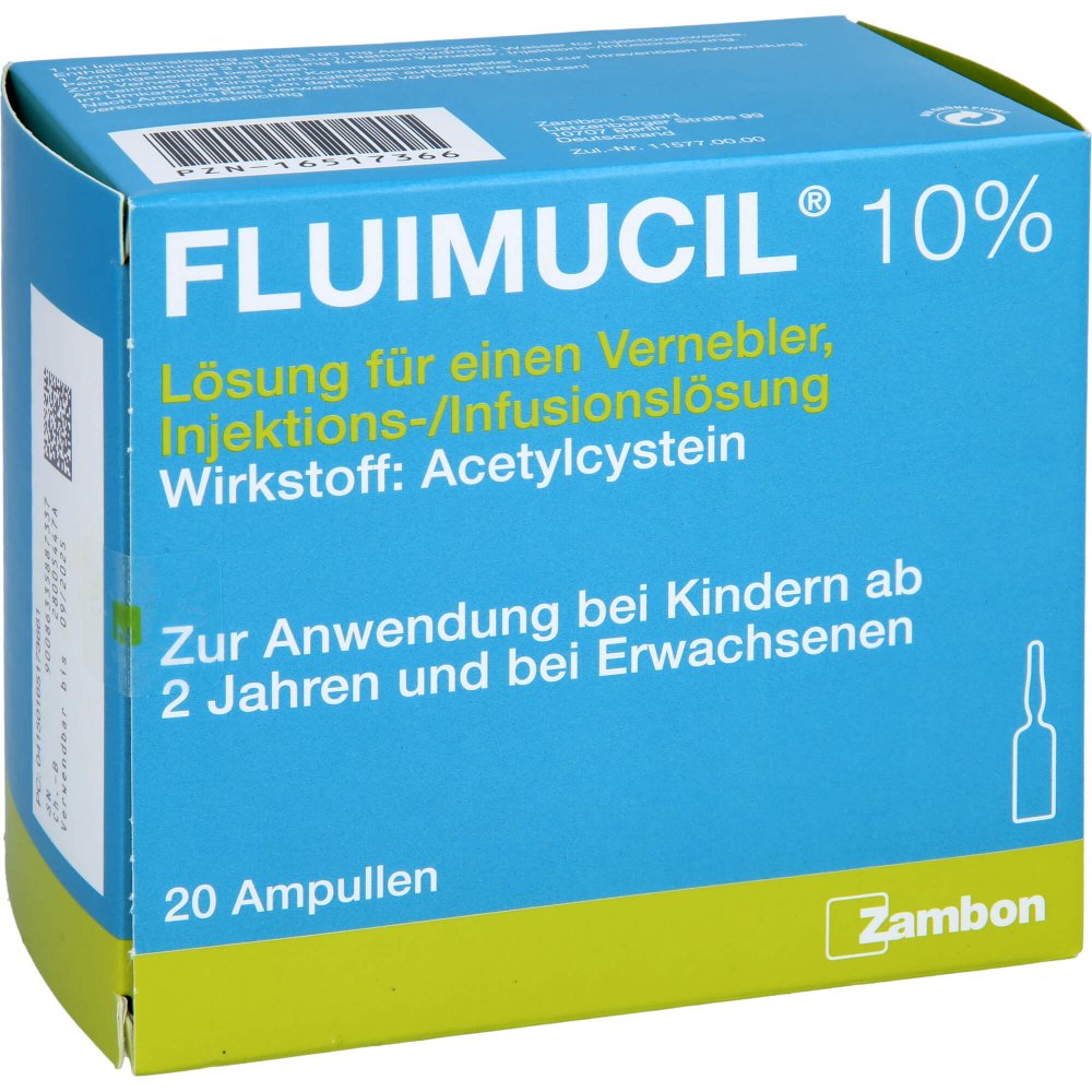 Das Produktfoto zeigt Fluimucil 10% Lsg.F.Vernebler Inj.-/Inf.-Lsg.Amp. (20X3 ml) PZN 16517366