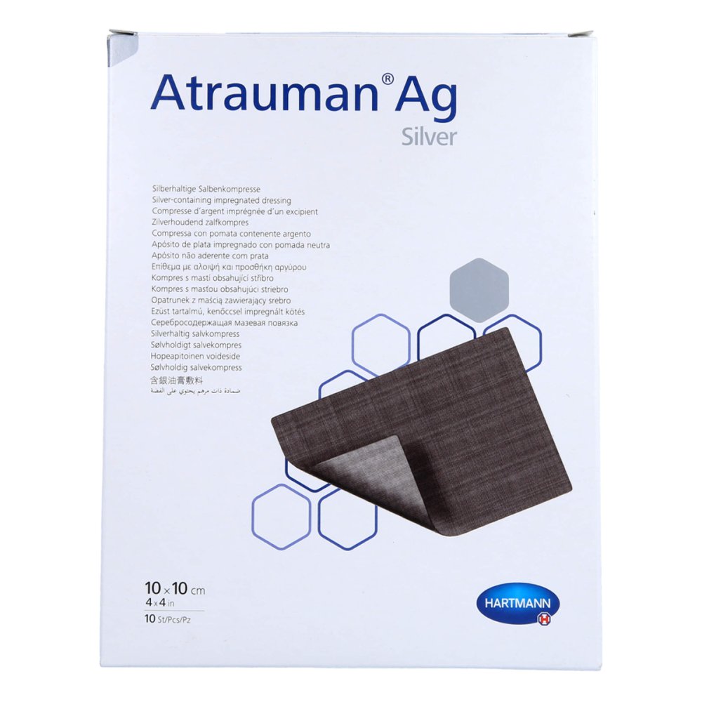 Das Produktfoto zeigt Atrauman Ag 10x10 Cm Steril Kompressen (10 stk) PZN 16529091