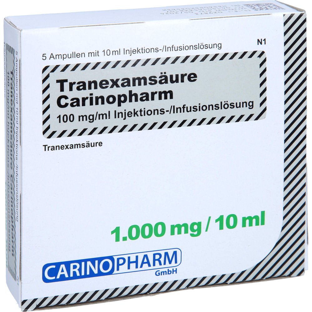 Das Produktfoto zeigt Tranexamsäure Carinopharm 100 Mg/Ml Inj./Inf.-L. (5X10 ml) PZN 16533810
