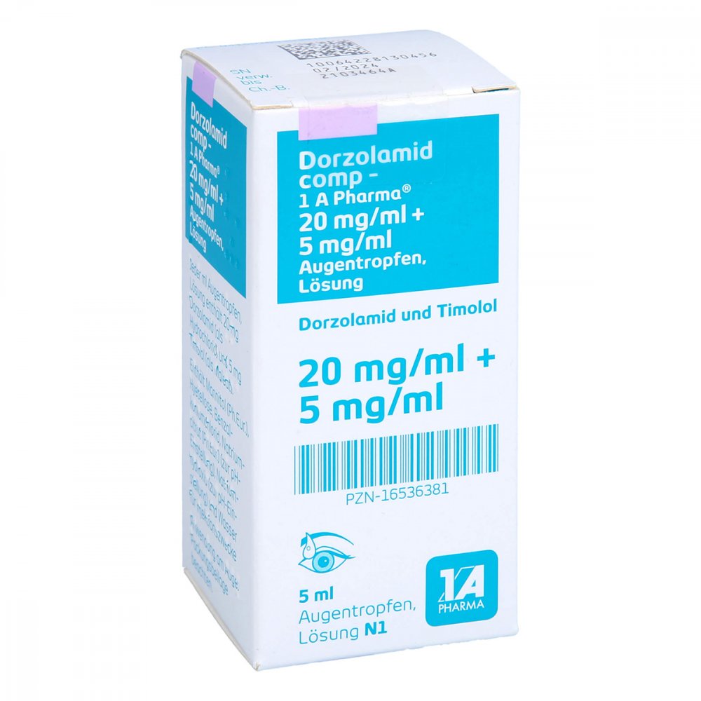 Das Produktfoto zeigt Dorzolamid Comp-1a Pharma 20mg/Ml+5mg/Ml Augentr. (1X5 ml) PZN 16536381