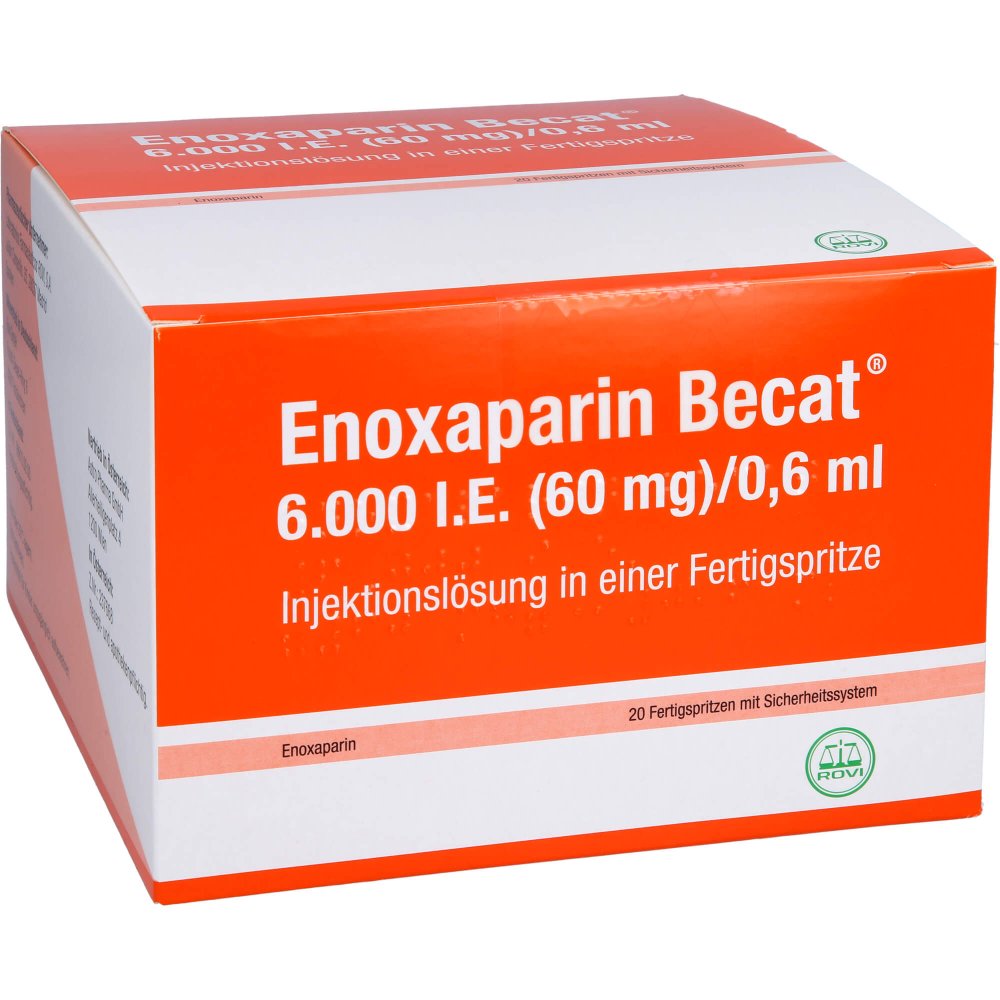 Das Produktfoto zeigt Enoxaparin Becat 6.000 I.E. 60mg/0,6ml Ilo Fs+Si.S (20 stk) PZN 16536719