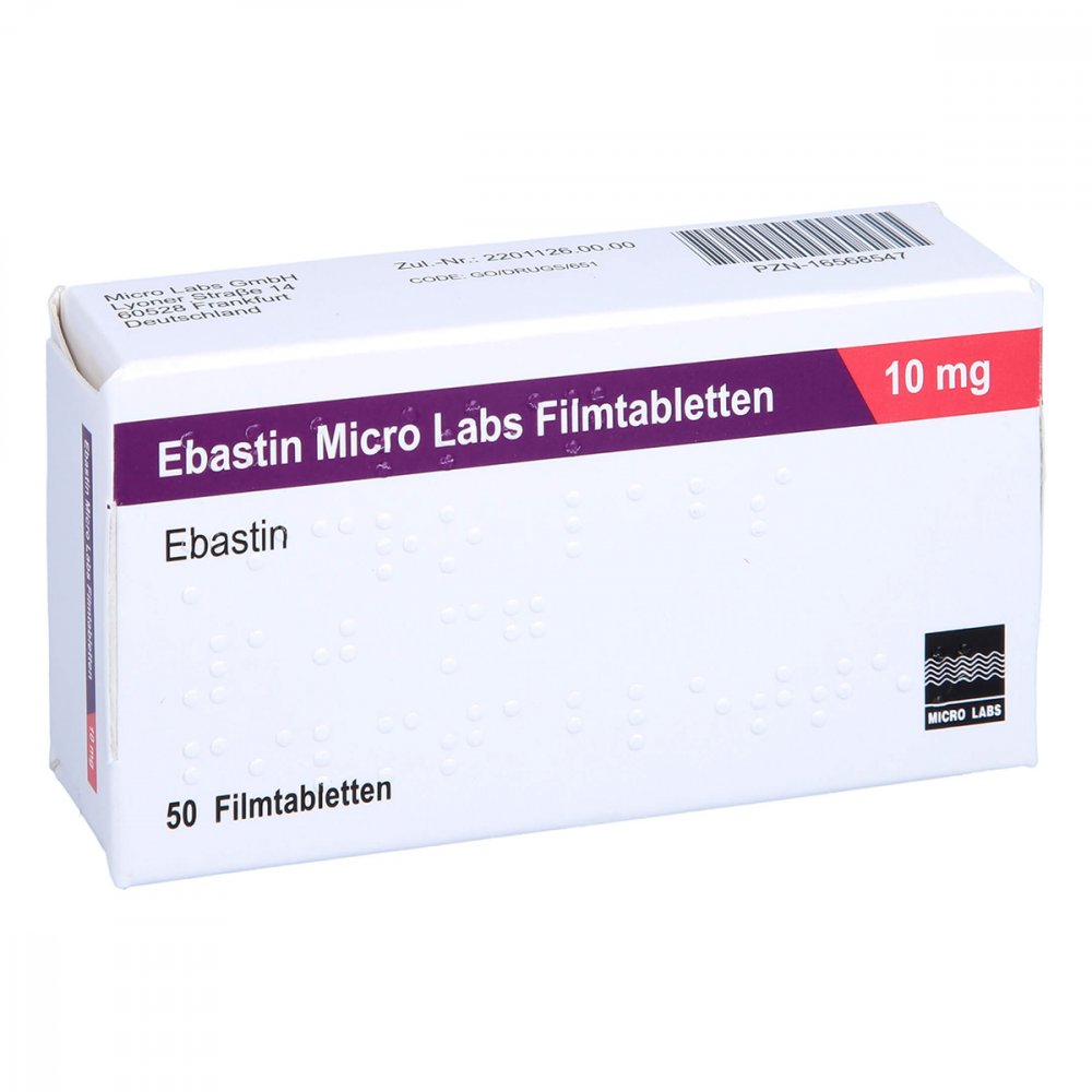 Das Produktfoto zeigt Ebastin Micro Labs 10 Mg Filmtabletten (50 stk) PZN 16568547