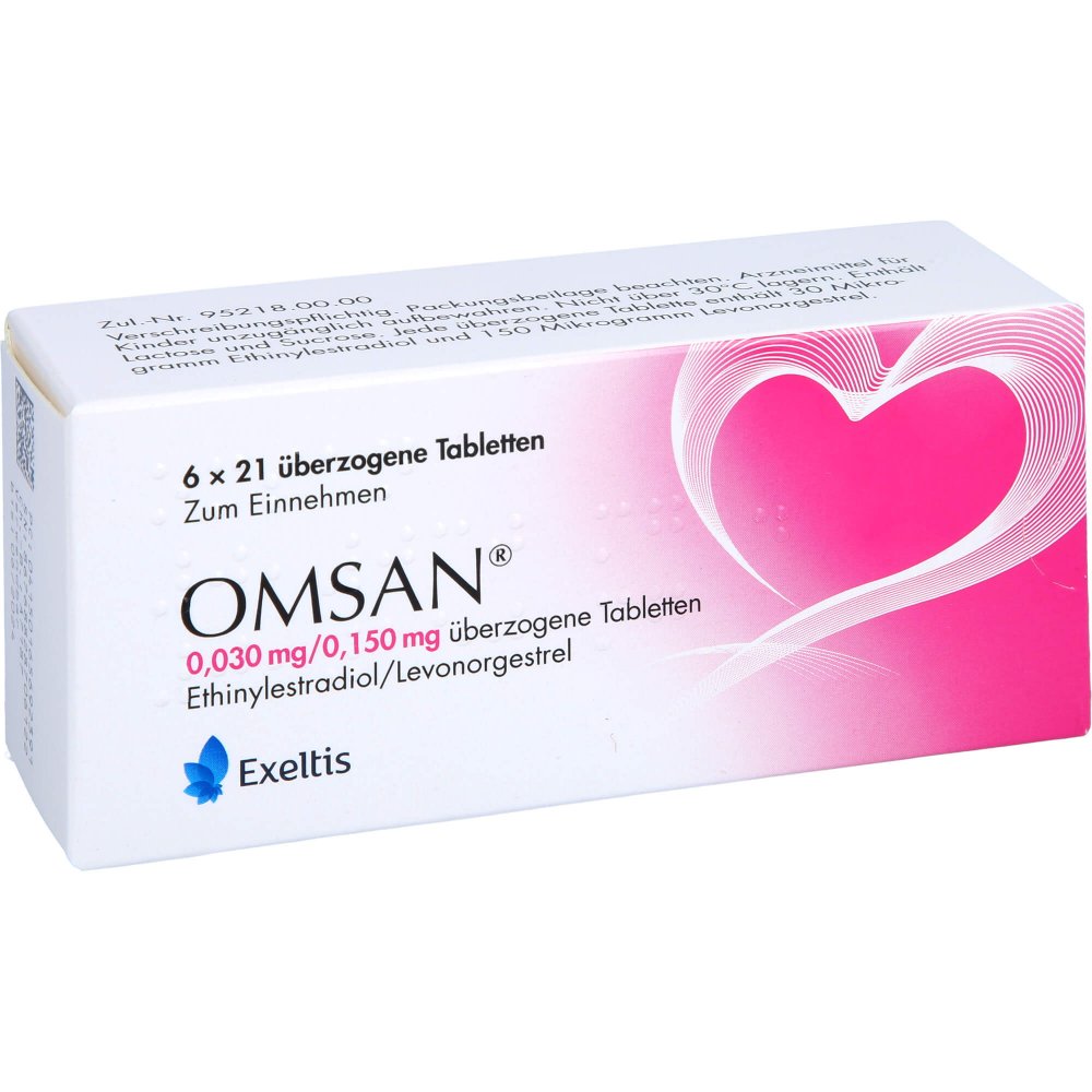 Das Produktfoto zeigt Omsan 0,03 Mg/0,15 Mg Überzogene Tabletten (6X21 stk) PZN 16569239