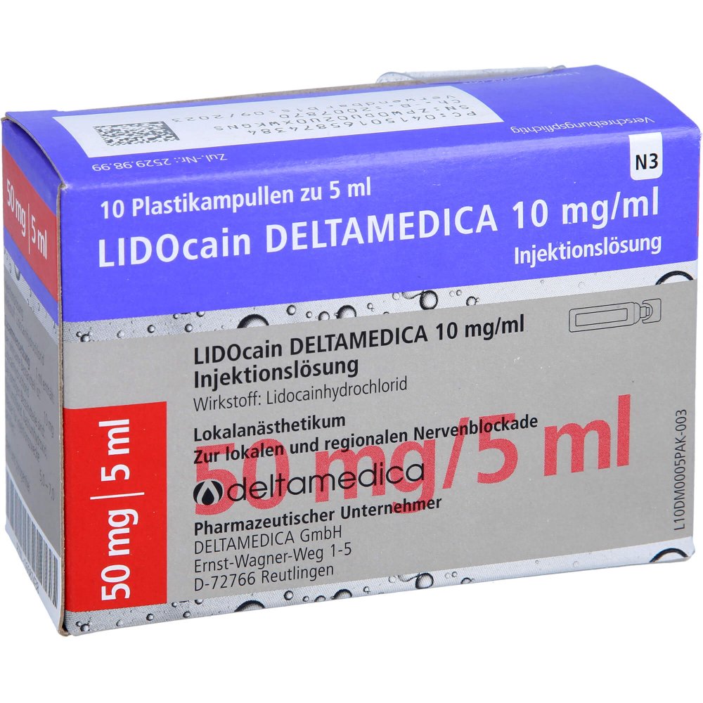 Das Produktfoto zeigt Lidocain Deltamedica 10 Mg/Ml Inj.-Lsg.Plastikamp. (10X5 ml) PZN 16587438