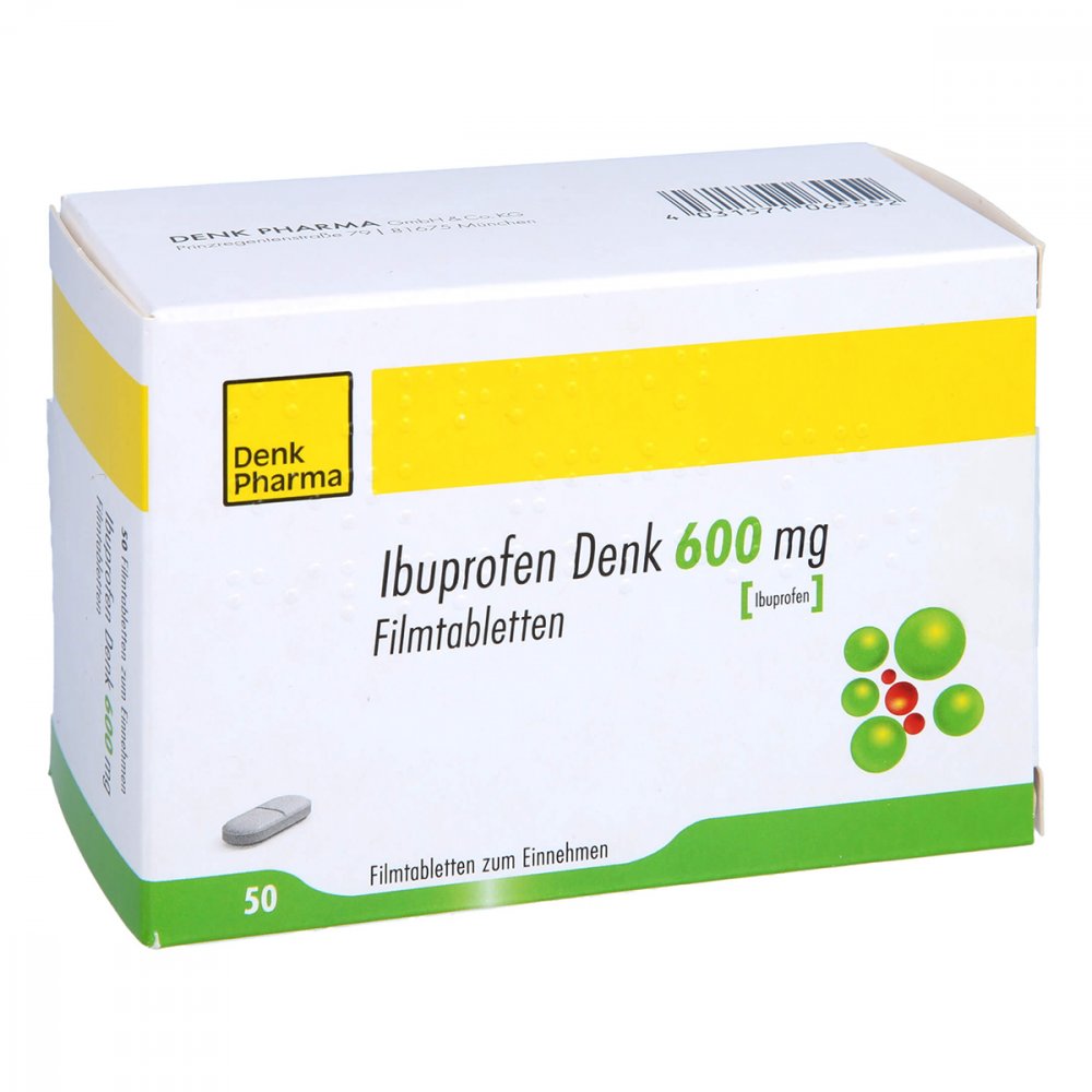 Das Produktfoto zeigt Ibuprofen Denk 600 Mg Filmtabletten (50 stk) PZN 16703330