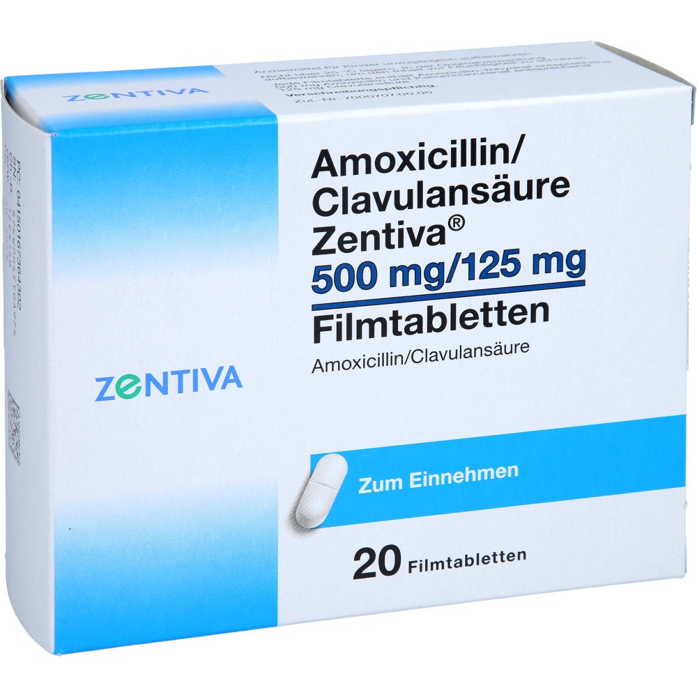 Das Produktfoto zeigt Amoxicillin/Clavulansäure Zentiva 500mg/125mg Fta (20 stk) PZN 16736430