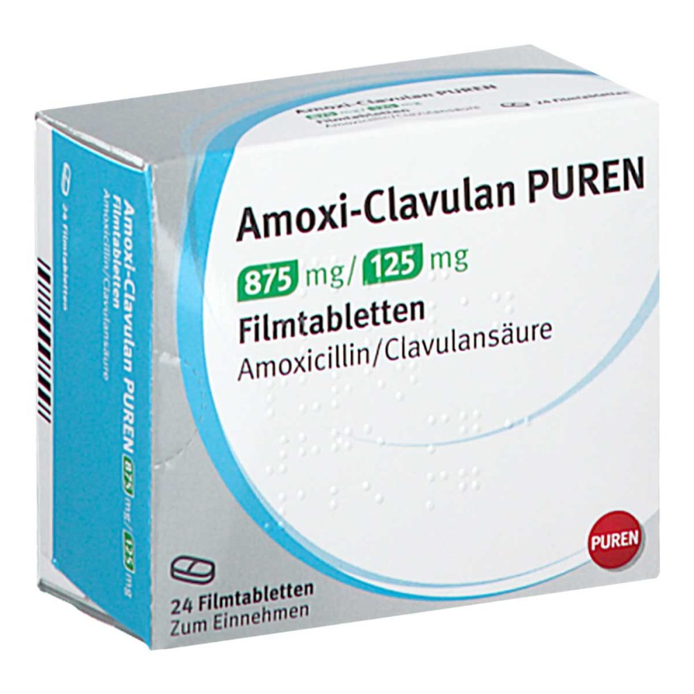Das Produktfoto zeigt Amoxi-Clavulan Puren 875 Mg/125 Mg Filmtabletten (24 stk) PZN 16737872