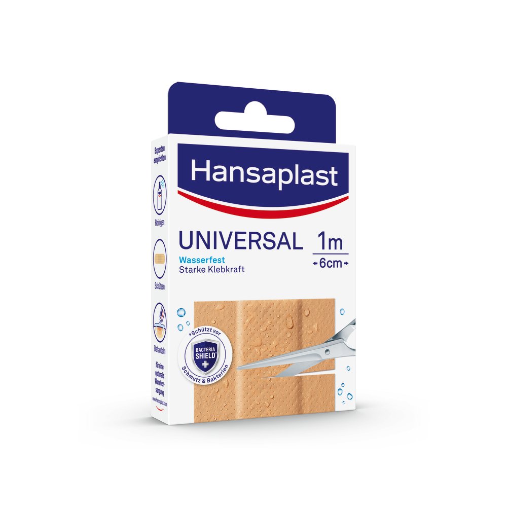 Das Produktfoto zeigt Hansaplast Universal Pflaster Wasserfest 6 Cmx1 M (1 stk) PZN 16762427