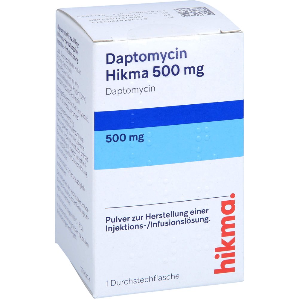 Das Produktfoto zeigt Daptomycin Hikma 500 Mg Plv.Z.Her.E.Inj.-/Inf.-L. (1 stk) PZN 16770131