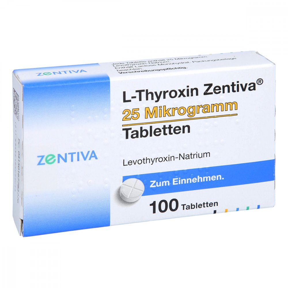 Das Produktfoto zeigt L-Thyroxin Zentiva 25 Mikrogramm Tabletten (100 stk) PZN 16778322