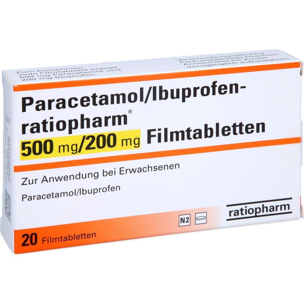 Das Produktfoto zeigt Paracetamol/Ibuprofen-Ratiopharm 500 Mg/200 Mg Fta (20 stk) PZN 16783487