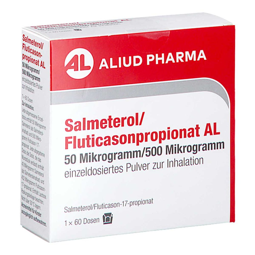 Das Produktfoto zeigt Salmeterol/Fluticasonpropionat Al 50μg/500μg 1x60 (60 stk) PZN 16785664