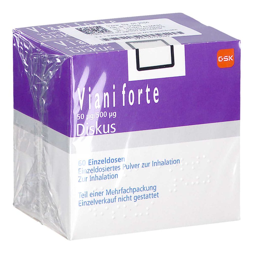 Das Produktfoto zeigt Viani Forte 50 Μg/500 Μg Diskus Einzeldos.Inh.-P. (2X60 stk) PZN 16792049