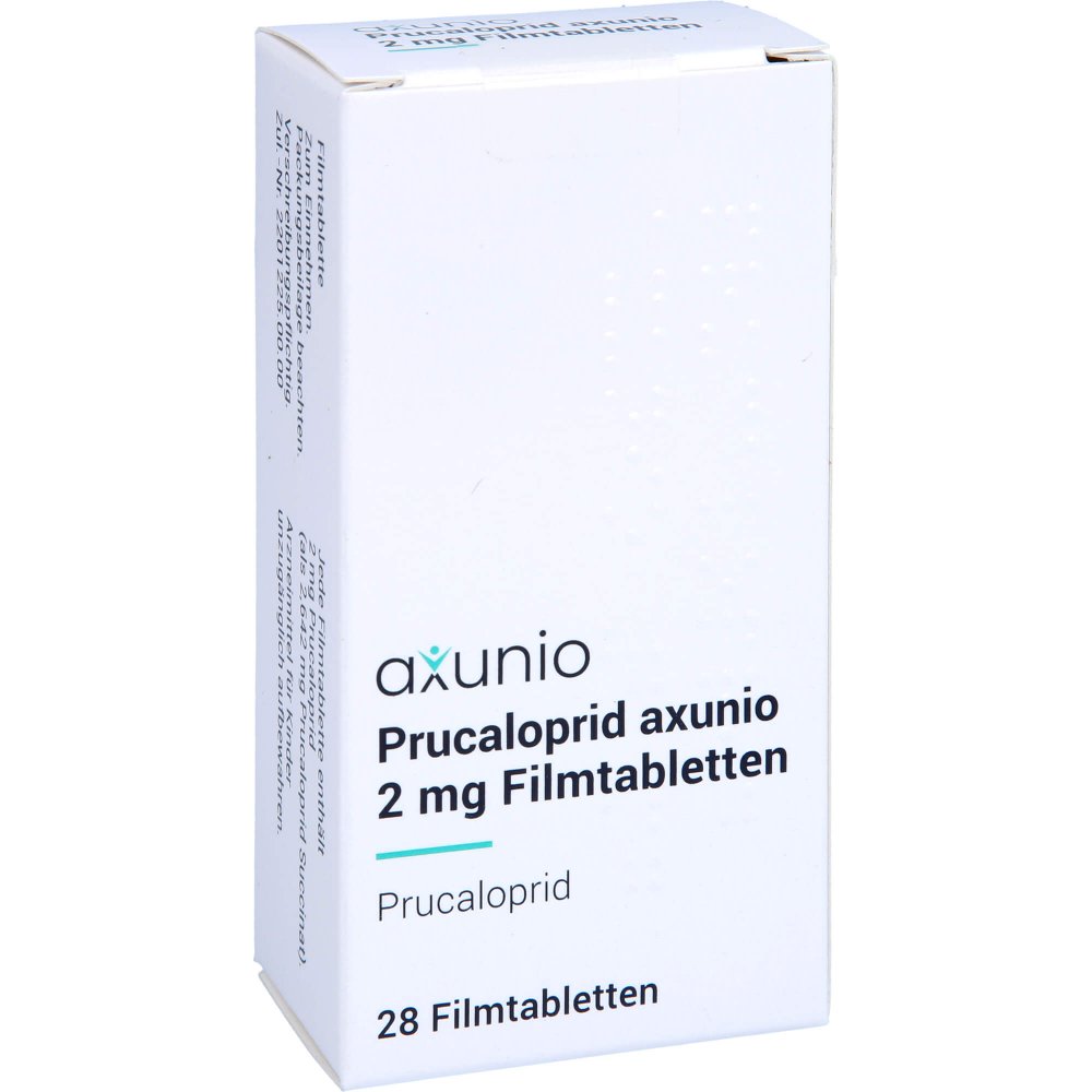 Das Produktfoto zeigt Prucaloprid Axunio 2 Mg Filmtabletten (28 stk) PZN 16798974
