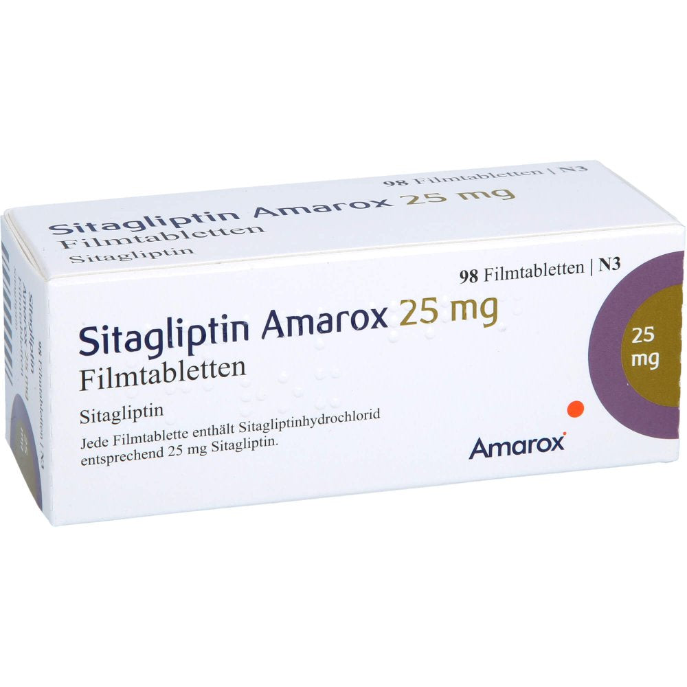 Das Produktfoto zeigt Sitagliptin Amarox 25 Mg Filmtabletten (98 stk) PZN 16804870