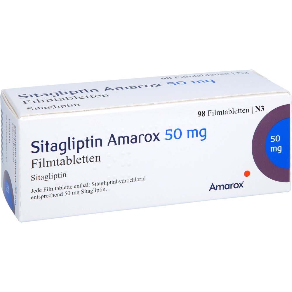 Das Produktfoto zeigt Sitagliptin Amarox 50 Mg Filmtabletten (98 stk) PZN 16804901