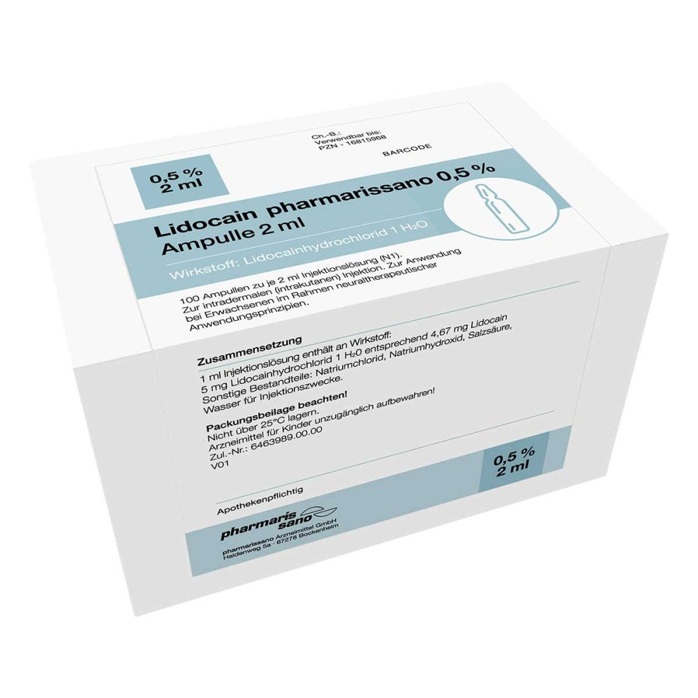 Das Produktfoto zeigt Lidocain Pharmarissano Ampulle 0,5% 2 Ml Inj.-Lsg. (100X2 ml) PZN 16815968