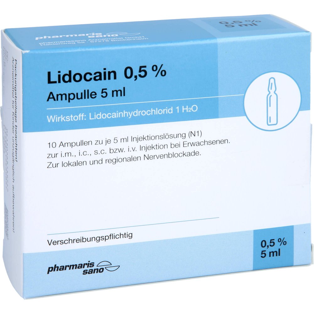Das Produktfoto zeigt Lidocain Pharmarissano Ampulle 0,5% 5 Ml Inj.-Lsg. (10X5 ml) PZN 16815974