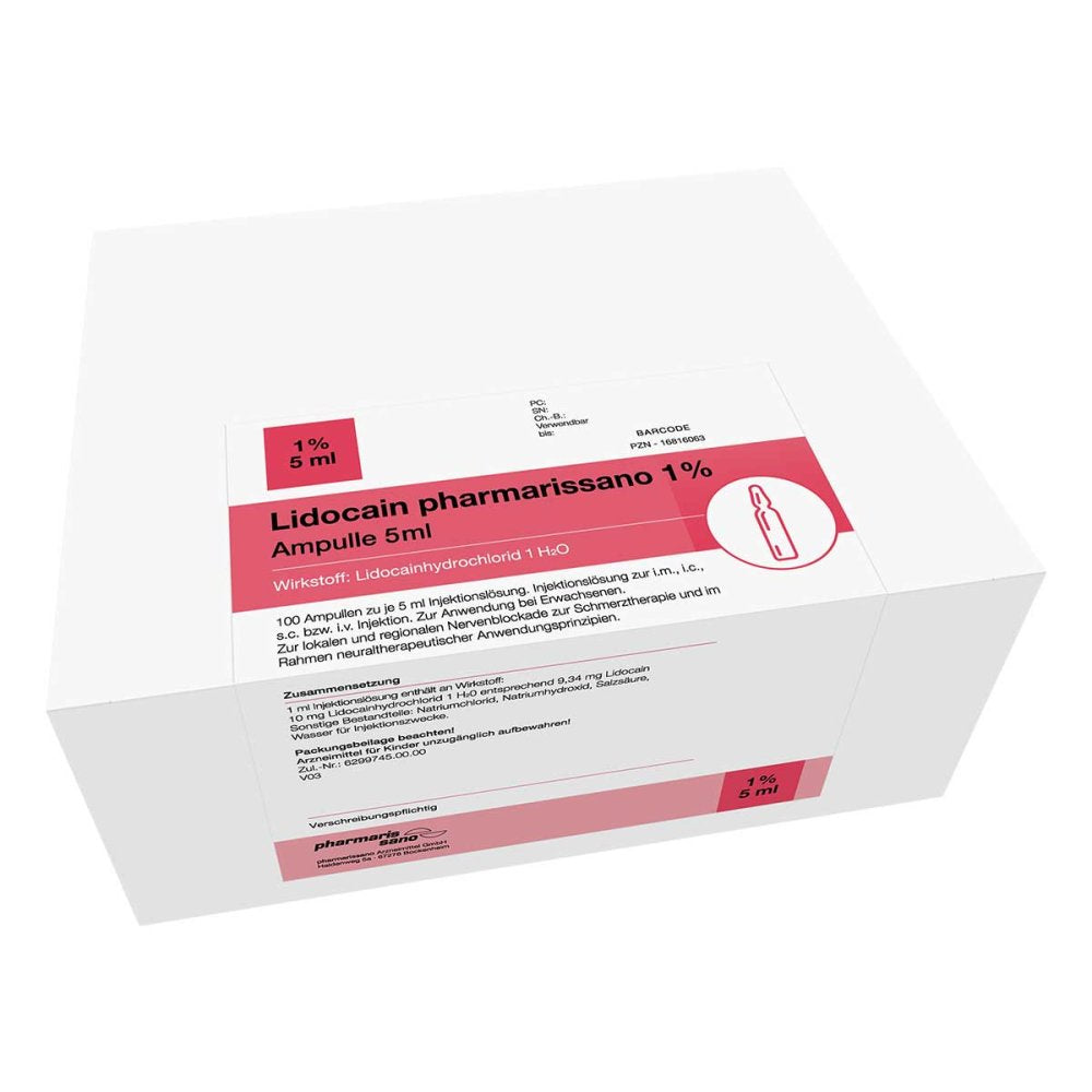 Das Produktfoto zeigt Lidocain Pharmarissano Ampulle 1% 5 Ml Inj.-Lsg. (100X5 ml) PZN 16816063