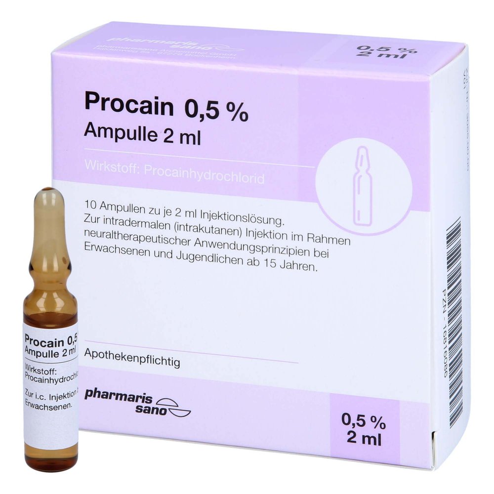 Das Produktfoto zeigt Procain Pharmarissano Ampulle 0,5% 2 Ml Inj.-Lsg. (10X2 ml) PZN 16816086