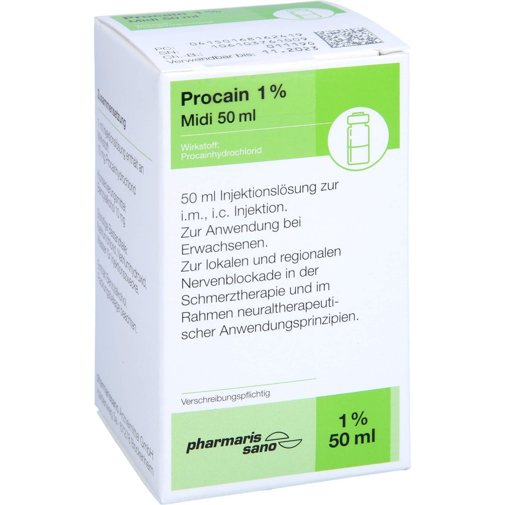 Das Produktfoto zeigt Procain Pharmarissano 1% Midi Inj.-Lsg.Fla.50ml (50 ml) PZN 16816241