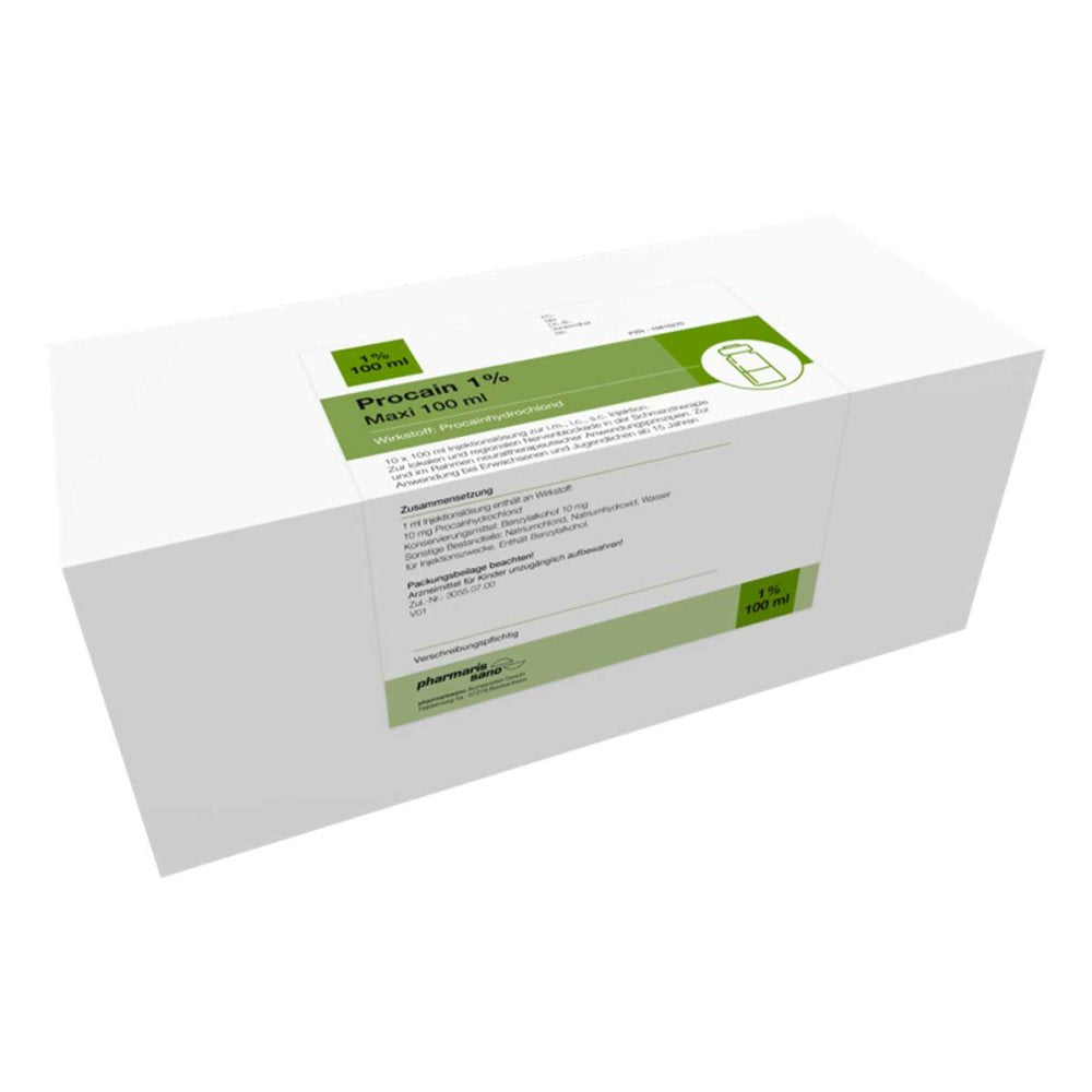 Das Produktfoto zeigt Procain Pharmarissano Injektionsflasche 1% 100 Ml (10X100 ml) PZN 16816270