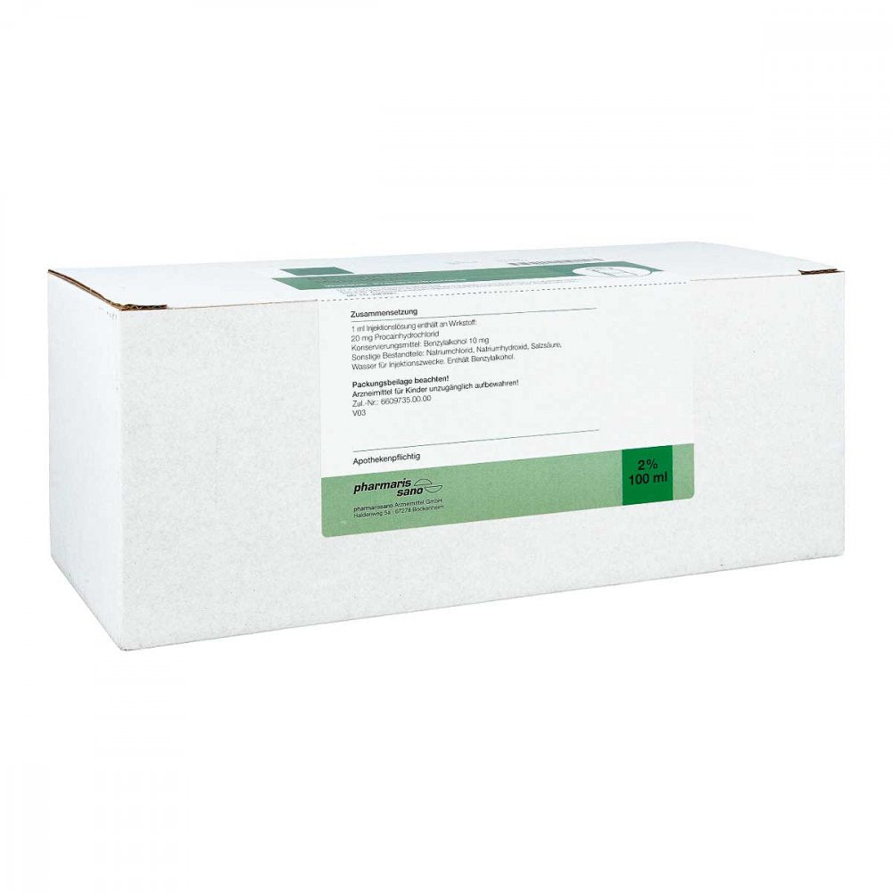 Das Produktfoto zeigt Procain Pharmarissano Injektionsflasche 2% 100 Ml (10X100 ml) PZN 16816353