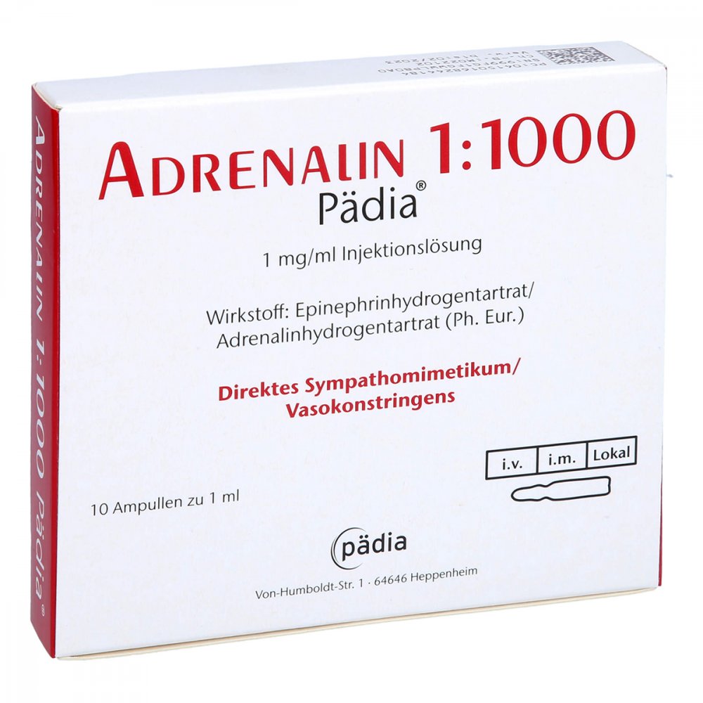 Das Produktfoto zeigt Adrenalin 1:1.000 Pädia 1 Mg/Ml Injektionslsg. (10X1 ml) PZN 16824418