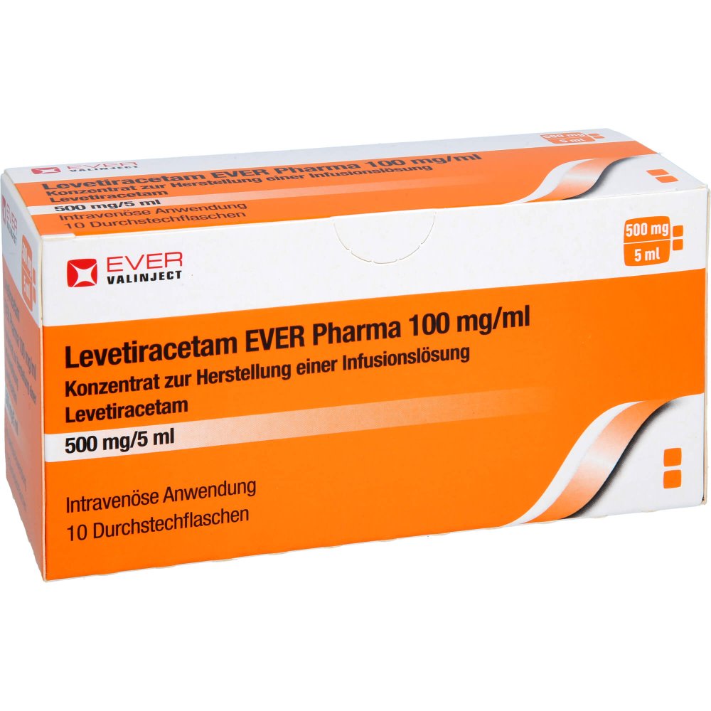 Das Produktfoto zeigt Levetiracetam Ever 100 Mg/Ml Konz.Her.Inf.-L.500mg (10 stk) PZN 16833305