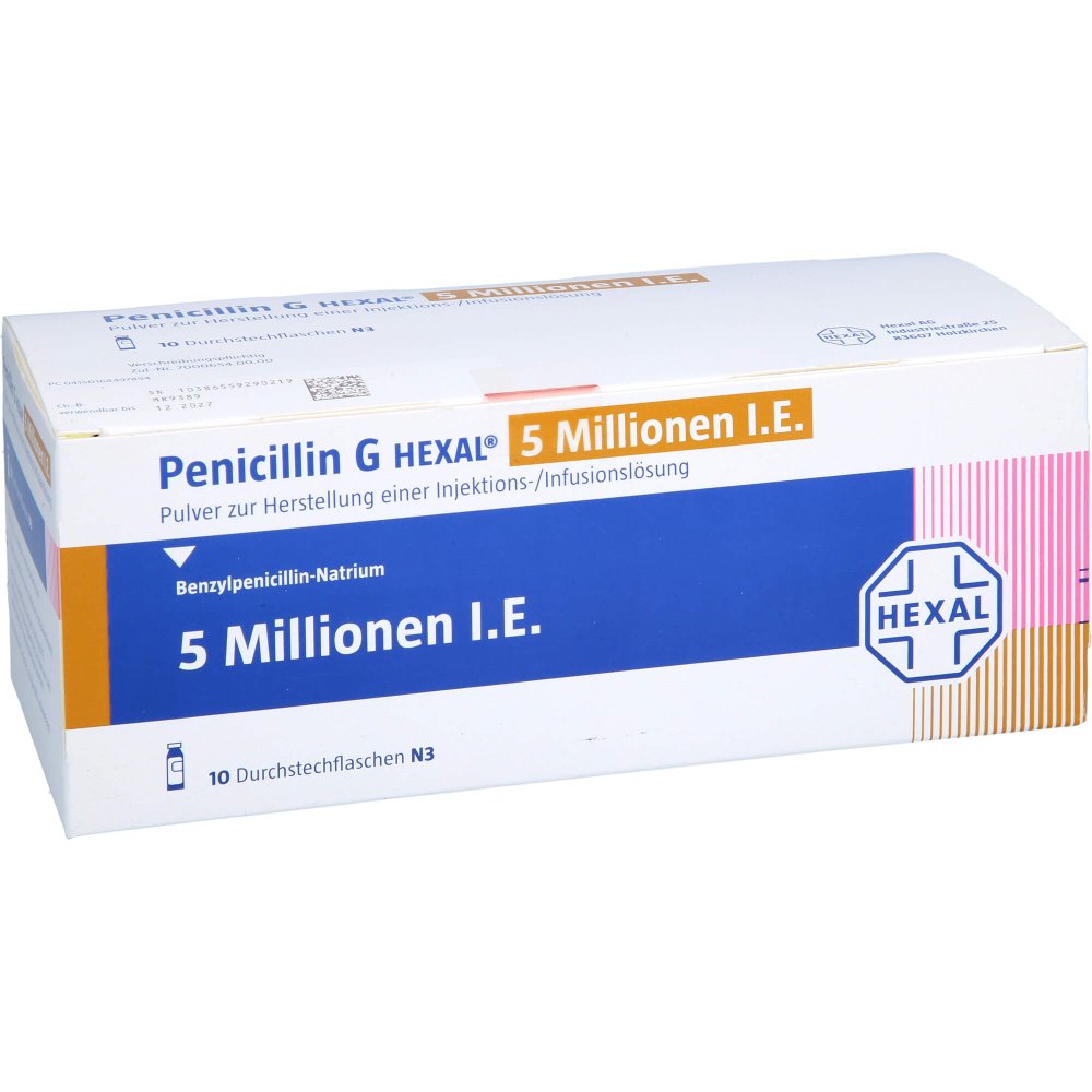 Das Produktfoto zeigt Penicillin G Hexal 5 Mio. I.E. P.H.Inj.-/Inf.-L. (10 stk) PZN 16849789