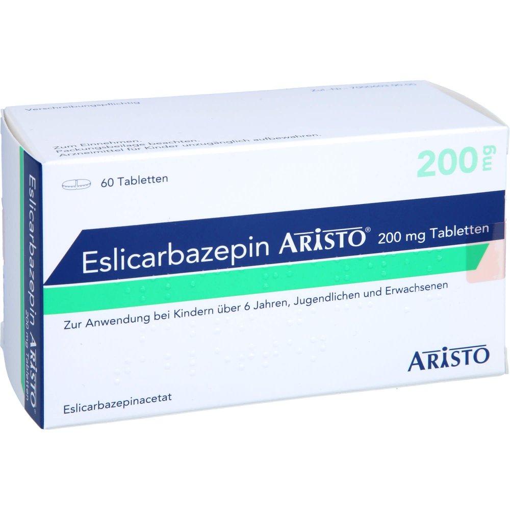 Das Produktfoto zeigt Eslicarbazepin Aristo 200 Mg Tabletten (60 stk) PZN 16850901