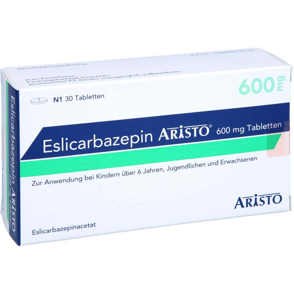 Das Produktfoto zeigt Eslicarbazepin Aristo 600 Mg Tabletten (30 stk) PZN 16850953