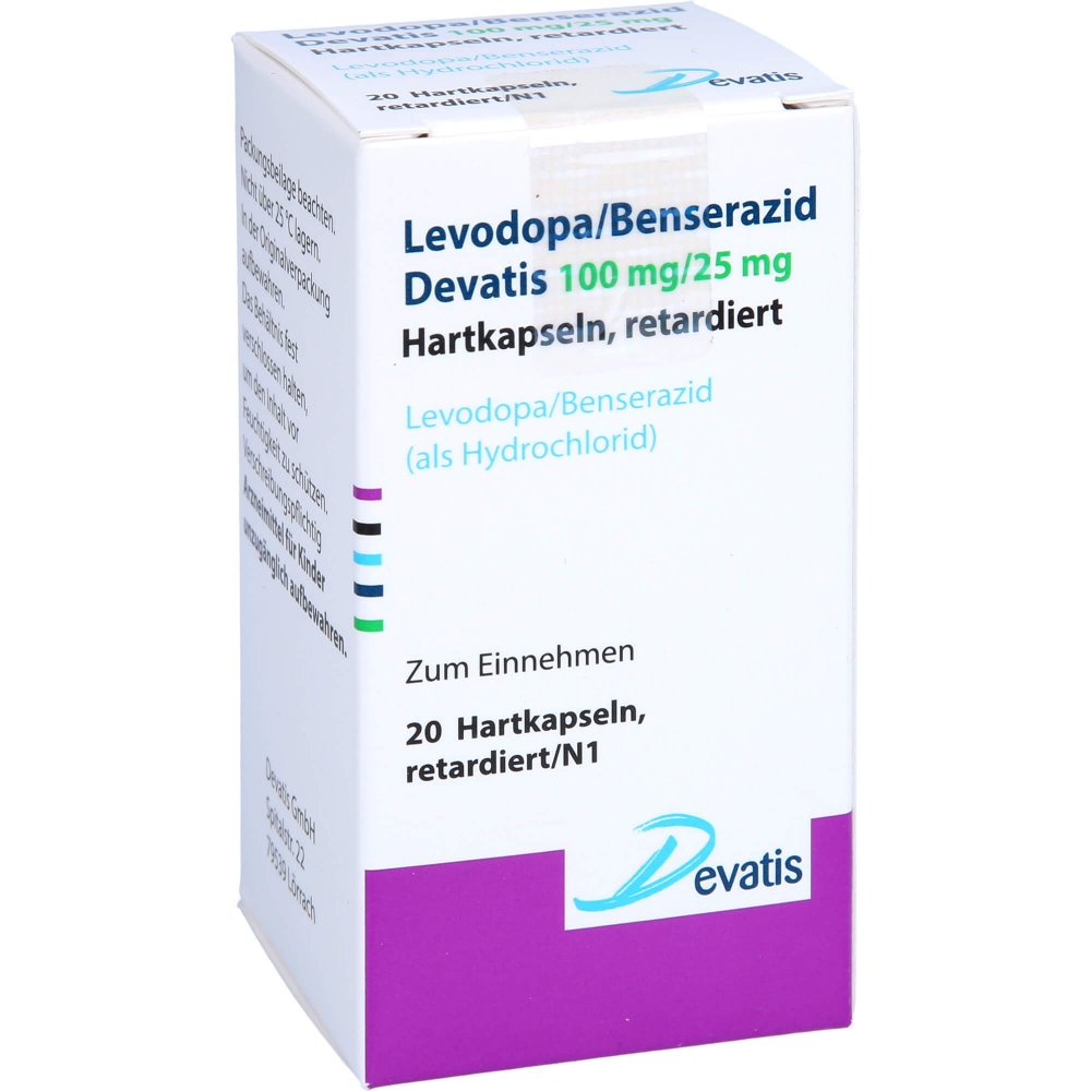 Das Produktfoto zeigt Levodopa/Benserazid Devatis 100mg/25mg Retardkaps. (20 stk) PZN 16856743