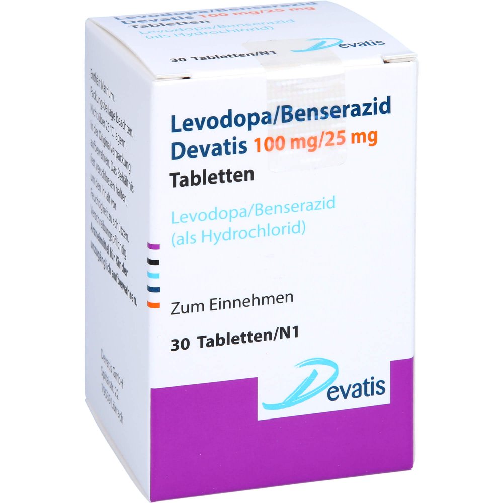 Das Produktfoto zeigt Levodopa/Benserazid Devatis 100mg/25mg Tabletten (30 stk) PZN 16856832