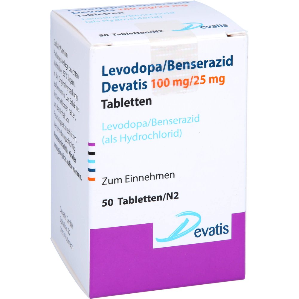 Das Produktfoto zeigt Levodopa/Benserazid Devatis 100mg/25mg Tabletten (50 stk) PZN 16856849
