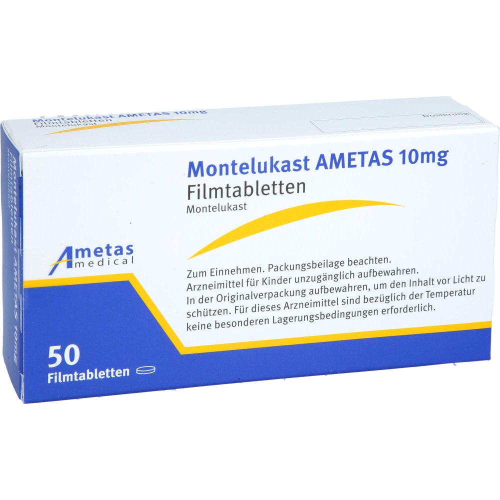 Das Produktfoto zeigt Montelukast Ametas 10 Mg Filmtabletten (50 stk) PZN 16867333