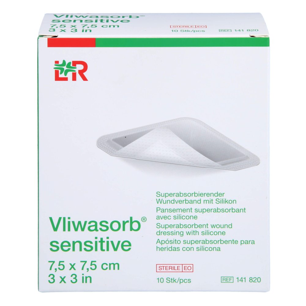 Das Produktfoto zeigt Vliwasorb Sensitive 7,5x7,5 Cm Superabsorb.Wundv. (10 stk) PZN 16876421