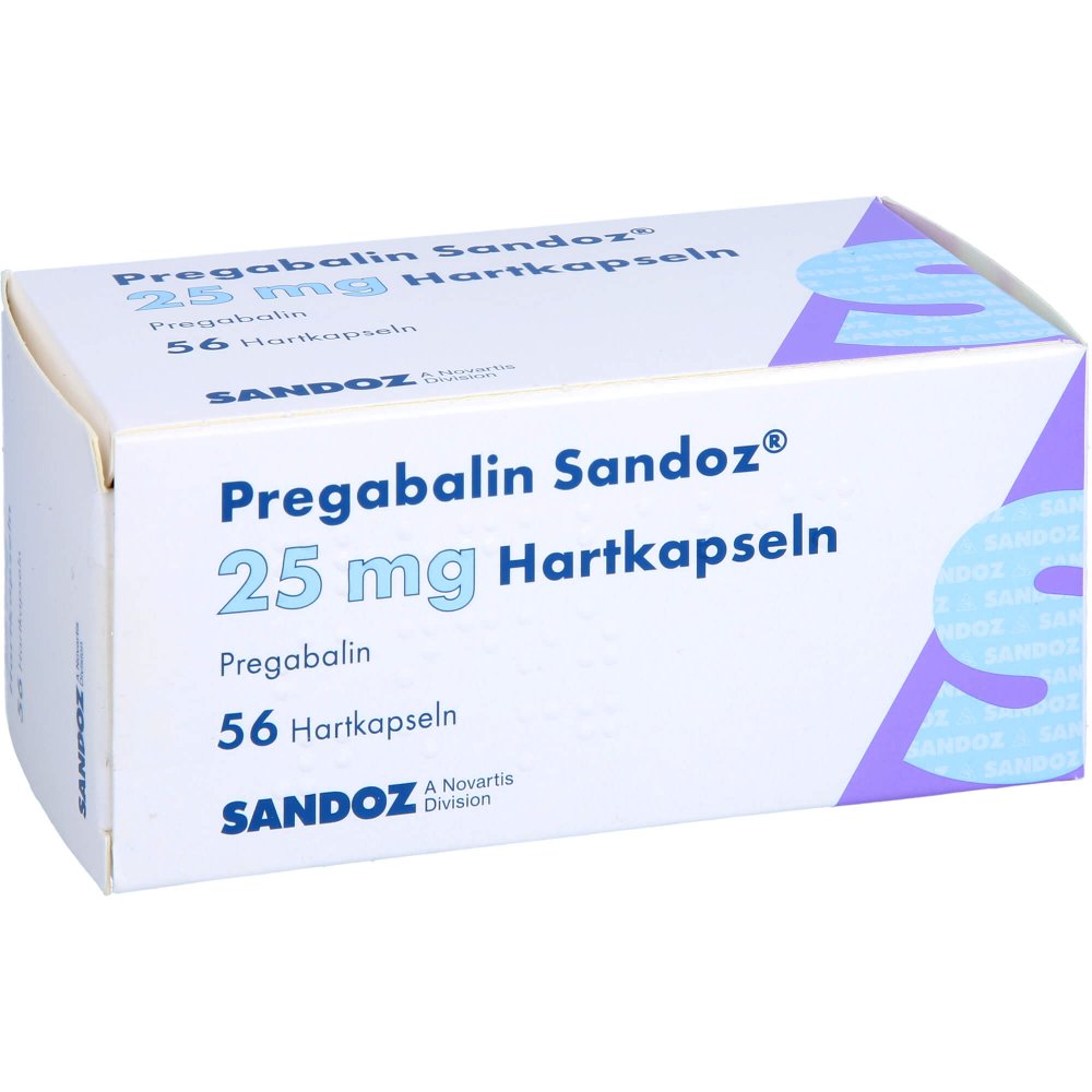 Das Produktfoto zeigt Pregabalin Sandoz 25 Mg Hartkapseln (56 stk) PZN 16886974