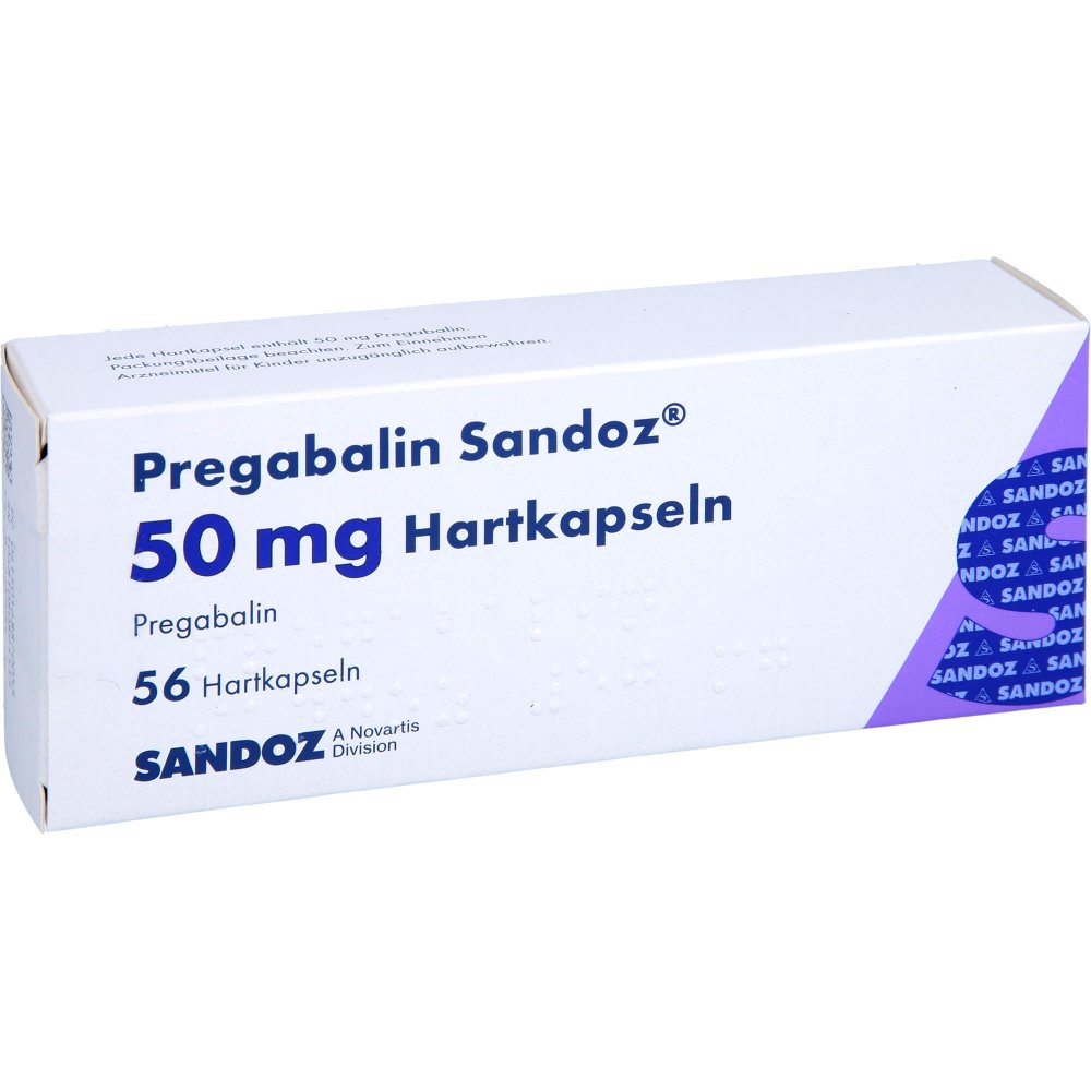Das Produktfoto zeigt Pregabalin Sandoz 50 Mg Hartkapseln (56 stk) PZN 16887005
