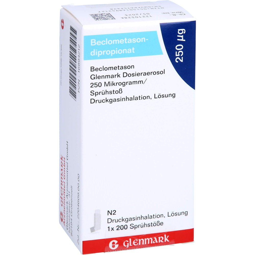 Das Produktfoto zeigt Beclometason Glenmark Dosieraerosol 250 Μg/Sprü.St (1 stk) PZN 16894212