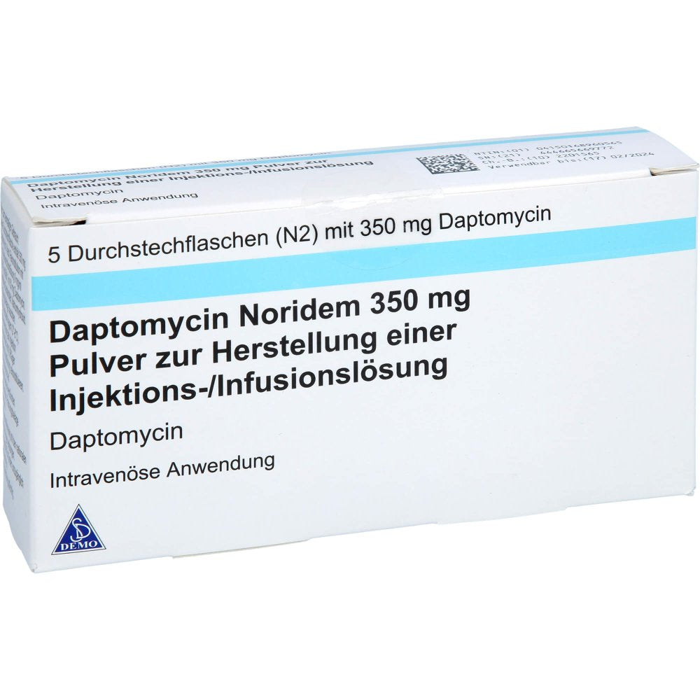 Das Produktfoto zeigt Daptomycin Noridem 350 Mg Plv.Z.H.E.Inj.-/Inf.-L. (5 stk) PZN 16896056