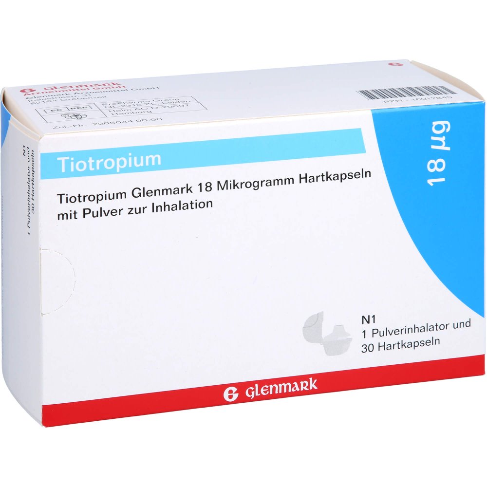 Das Produktfoto zeigt Tiotropium Glenmark 18 Μg Hkp.M.Plv.Z.Inh.+Inhaler (30 stk) PZN 16912849